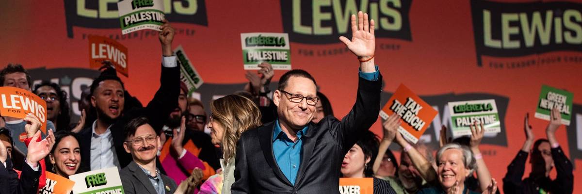 Avi Lewis celebrates victory as NDP leader.
