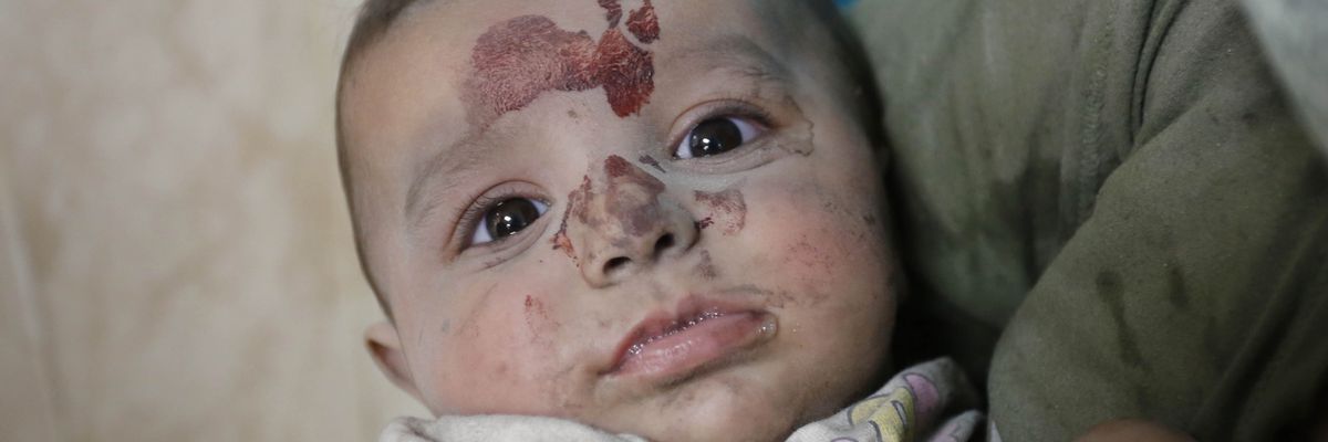  Baby injured in Israeli airstrikes is taken to Gaza's Suheda al-Aqsa Hospital 