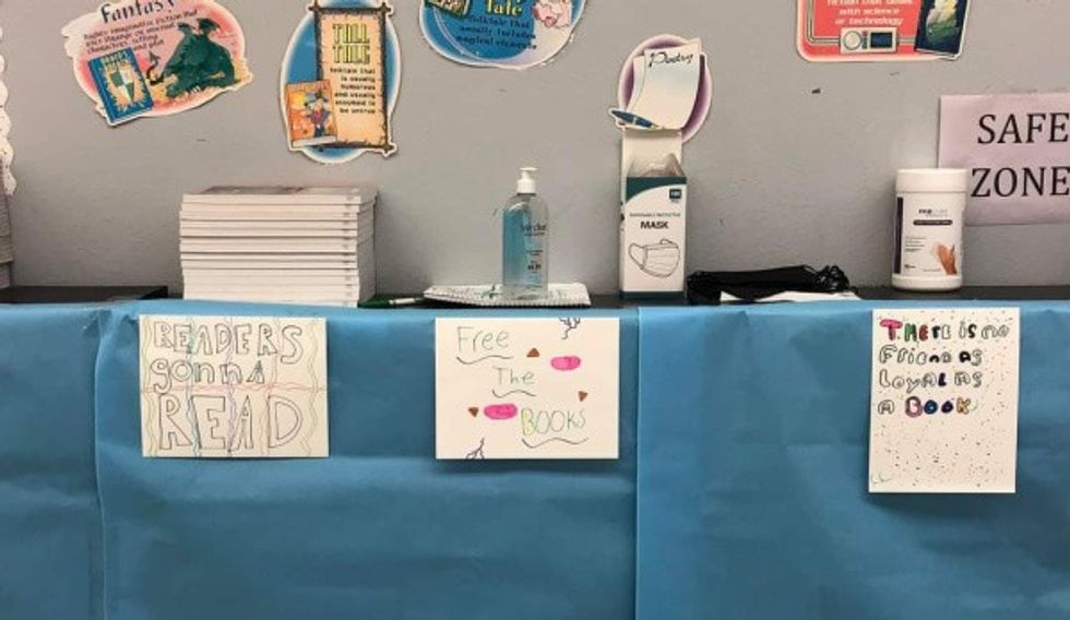Banned books covered in a Florida classroom.