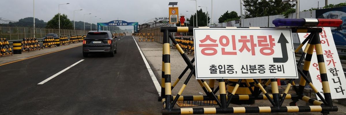 Barricades on a bridge near the border between North and South Korea.