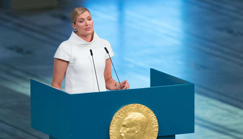 Beatrice Fihn, executive director of ICAN, accepted the Nobel Peace Prize on Sunday. Her coalition worked to advance an anti-nuclear treaty signed by 122 countries this year. (Photo: Nigel Waldron/Getty Images)