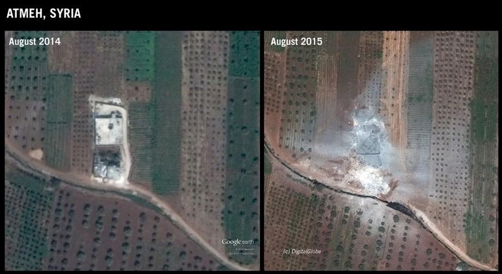 Before and after images of attack on Atmeh in Idleb governorate, 11 August 2015 (c)DigitalGlobe/Google Earth. Graphic produced by Amnesty International