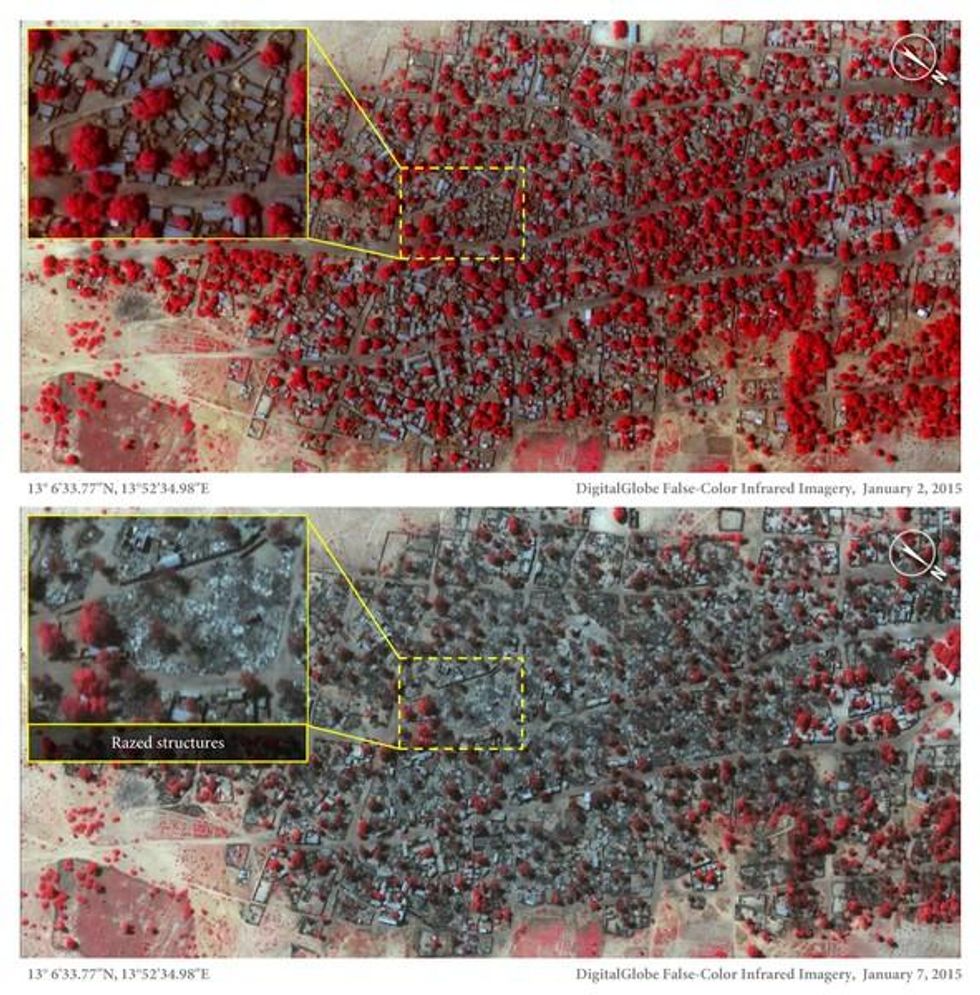 Before (January 2 2015) and after (January 7 2015) satellite imagery shows the extent of the damage in one of the villages targeted by Boko Haram.