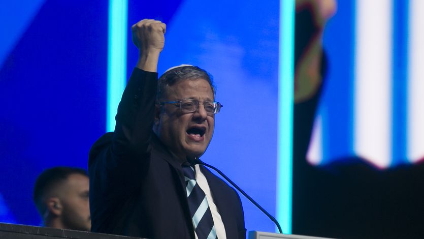 Ben Gvir speaks with raised fist.