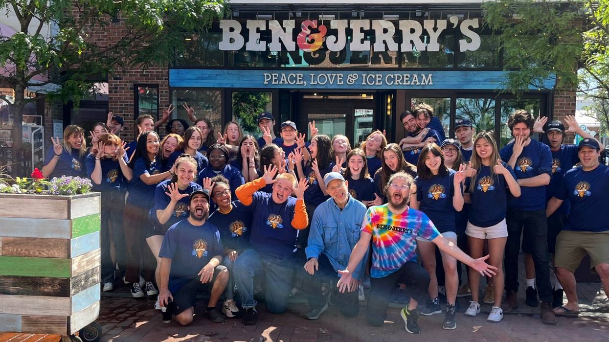 Ben & Jerry's Co-founder Jerry Greenfield and CEO Matthew McCarthy visited staff at the shop in Burlington, Vermont in June 2022.