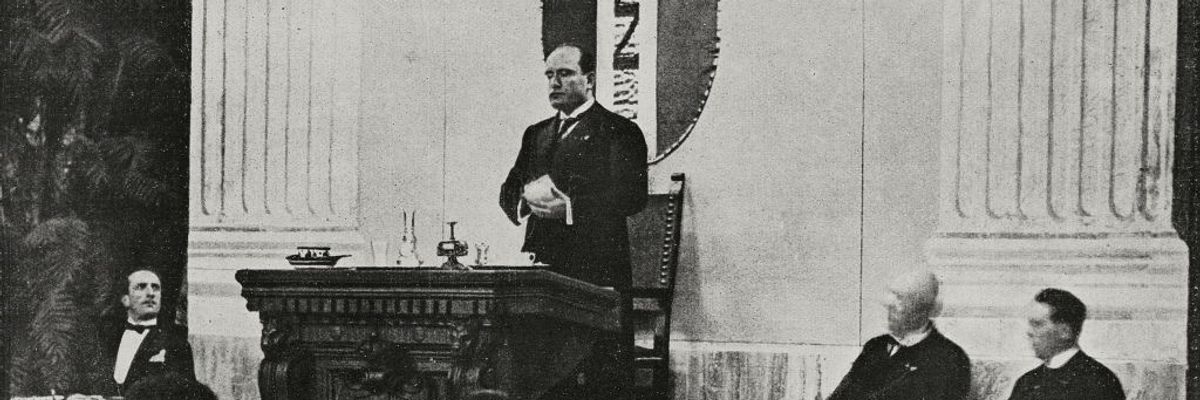 Benito Mussolini speaking to a Fascist assembly
