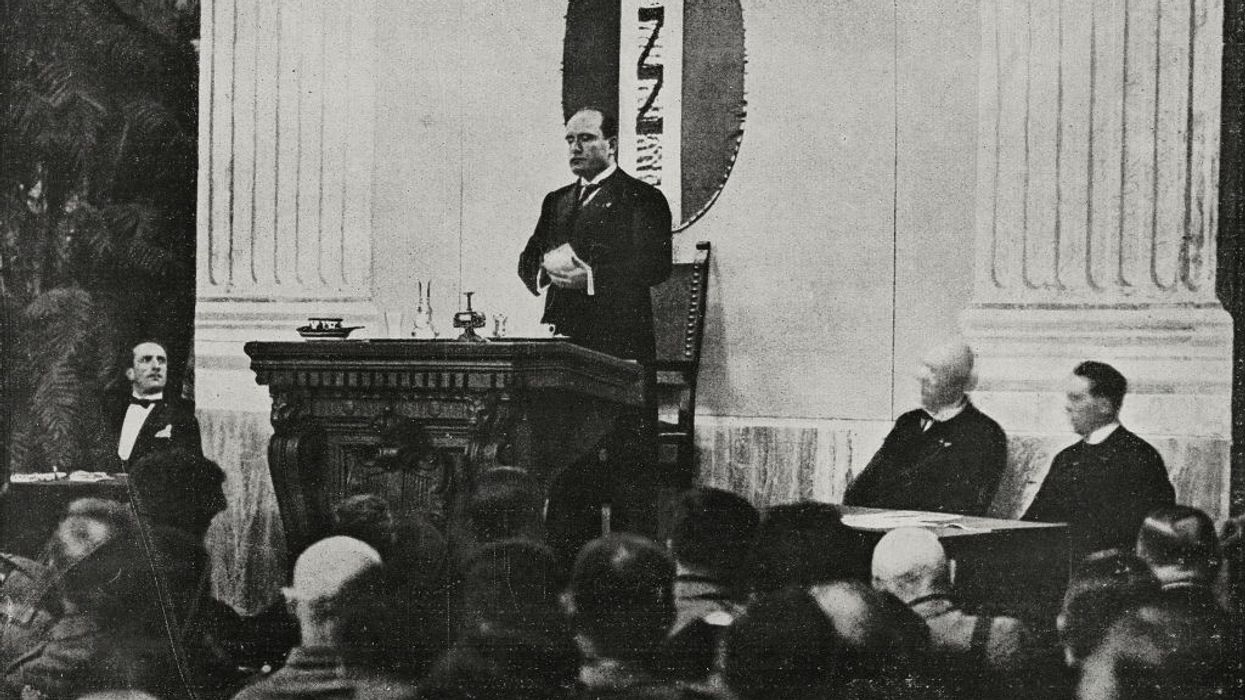 Benito Mussolini speaking to a Fascist assembly