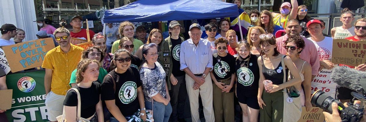 Bernie Sanders and Starbucks workers in Boston