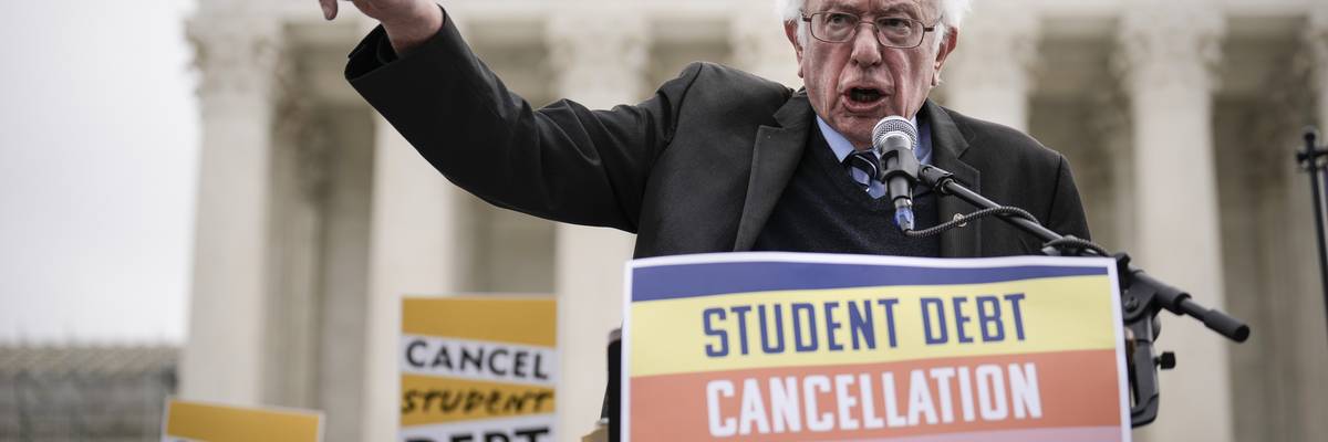 Bernie Sanders speaks at a "cancel student debt" demonstration outside the Supreme Court