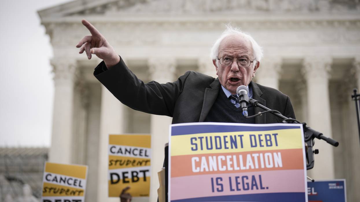 Bernie Sanders speaks at a "cancel student debt" demonstration outside the Supreme Court