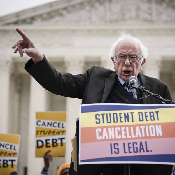 Bernie Sanders speaks at a "cancel student debt" demonstration outside the Supreme Court