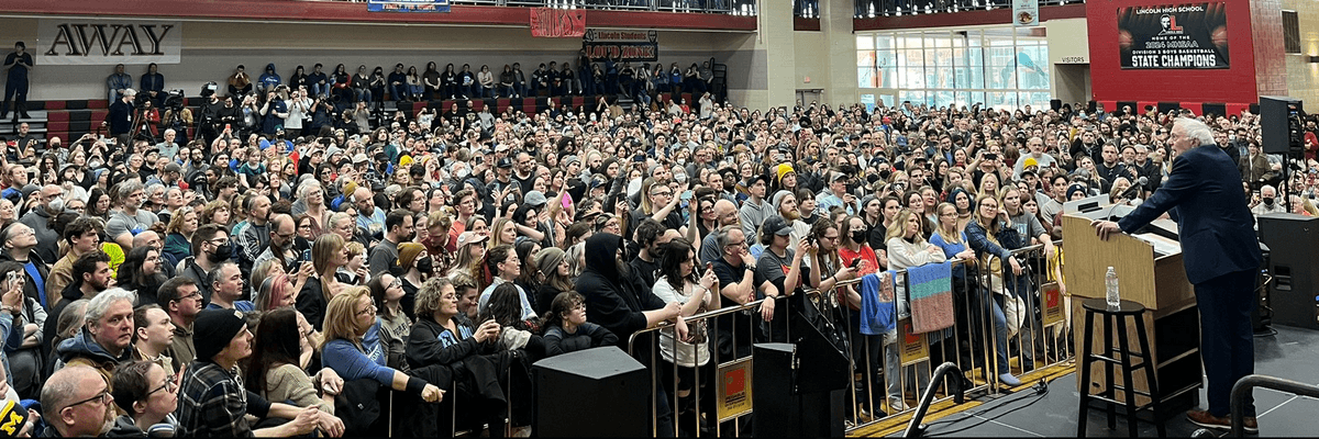 Bernie Sanders speaks to a large audience in Warren, Michigan