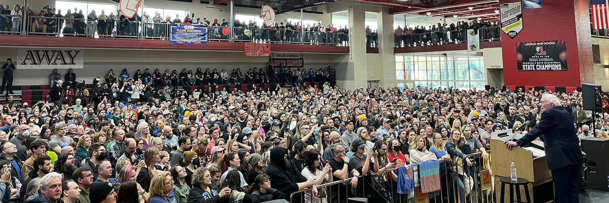 Bernie Sanders speaks to a large audience in Warren, Michigan