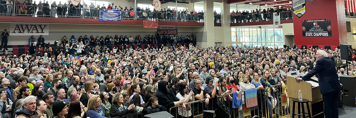 Bernie Sanders speaks to a large audience in Warren, Michigan