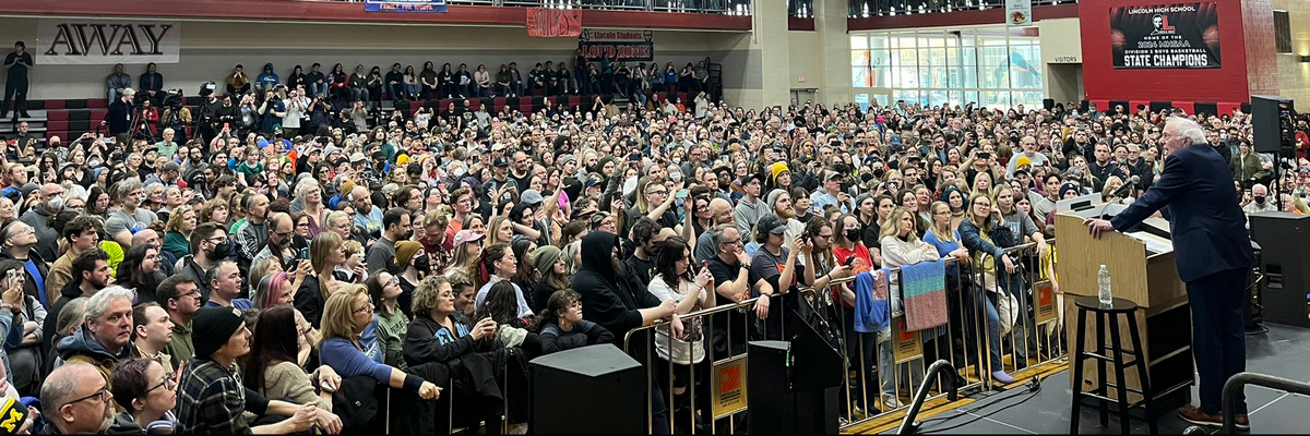 Bernie Sanders speaks to a large audience in Warren, Michigan