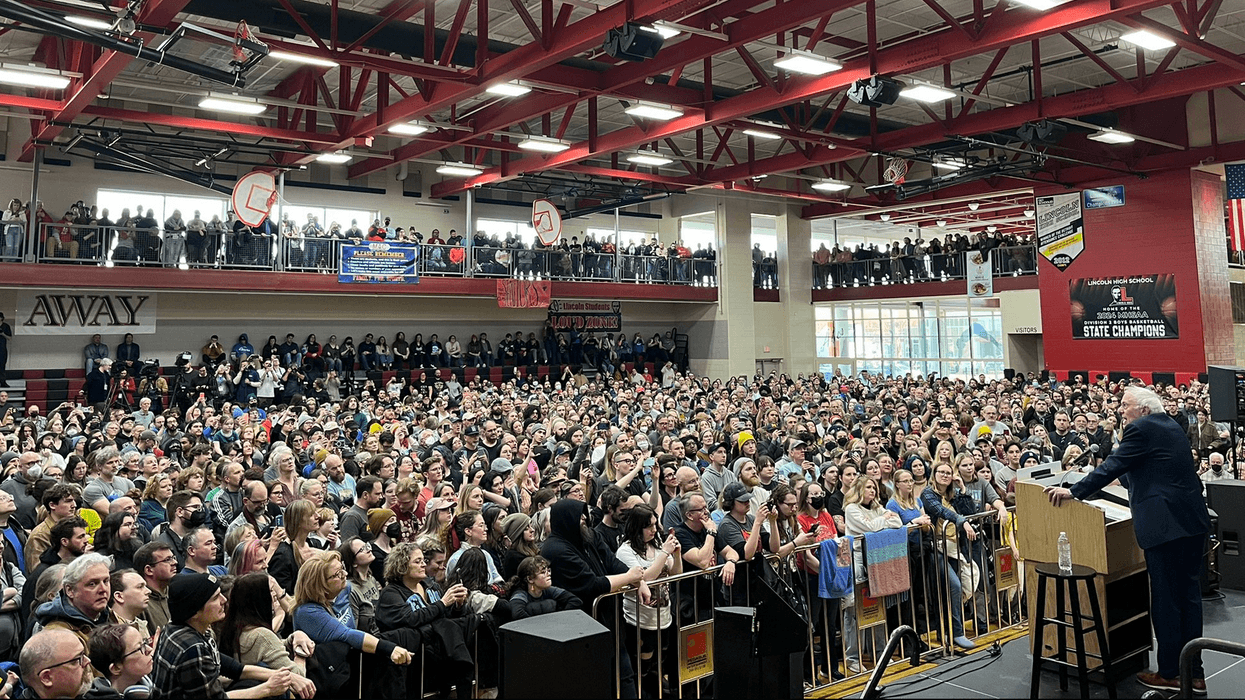 Bernie Sanders speaks to a large audience in Warren, Michigan
