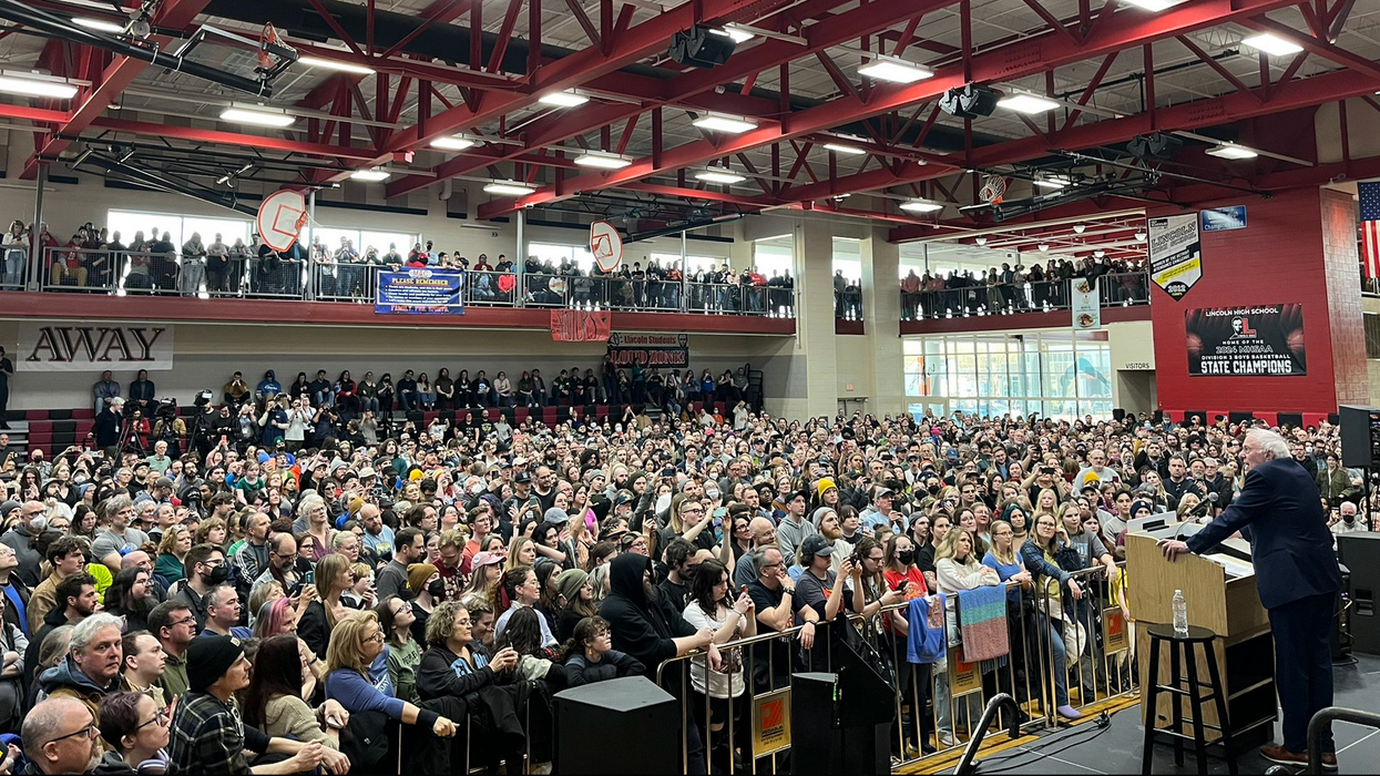 Bernie Sanders speaks to a large audience in Warren, Michigan