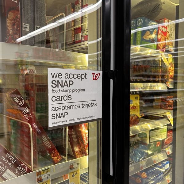 Bilingual sign on door of frozen food aisle, We accept SNAP food stamp cards, Walgreens, Queens, New York
