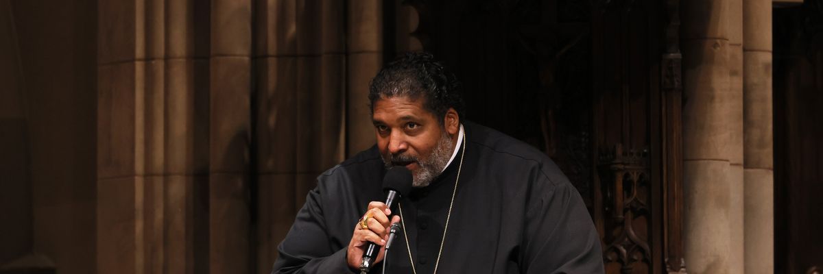 Bishop William Barber II speaks during a moral Mass at Trinity Church on April 11, 2022 in New York City. 