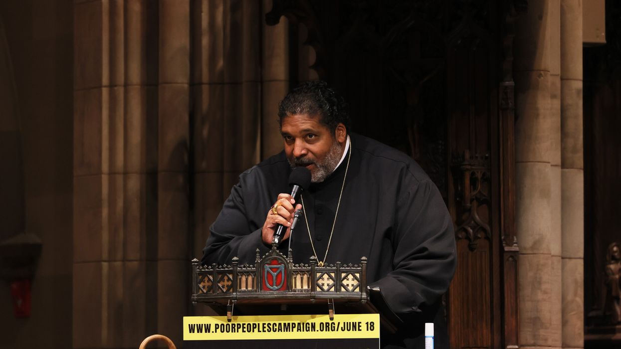 Bishop William Barber II speaks during a moral Mass at Trinity Church on April 11, 2022 in New York City. 