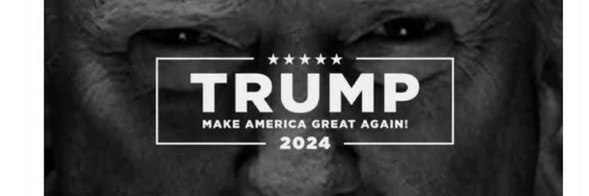 Black and white  campaign ad with Trump closeup.