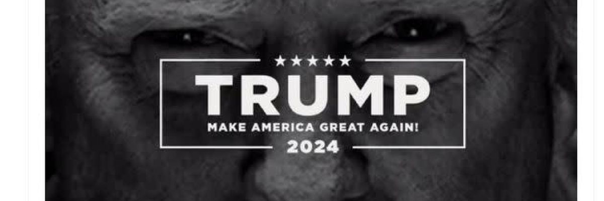 Black and white  campaign ad with Trump closeup. 