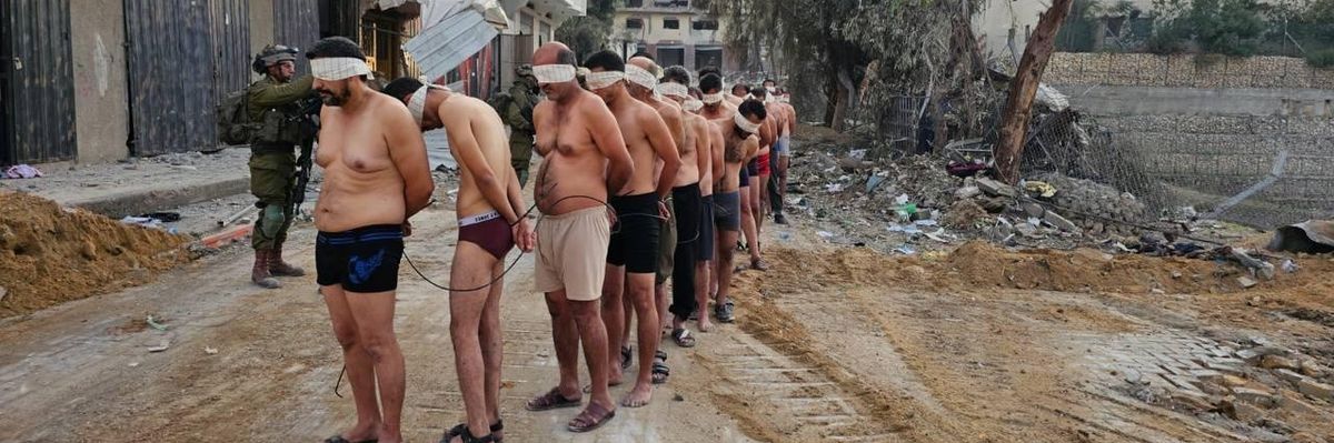 Blindfolded Palestinian prisoners in Gaza