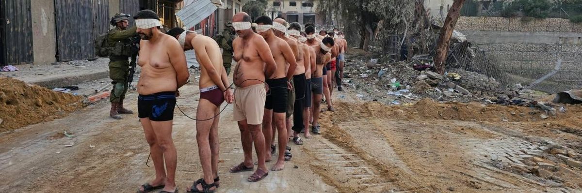 Blindfolded Palestinian prisoners in Gaza