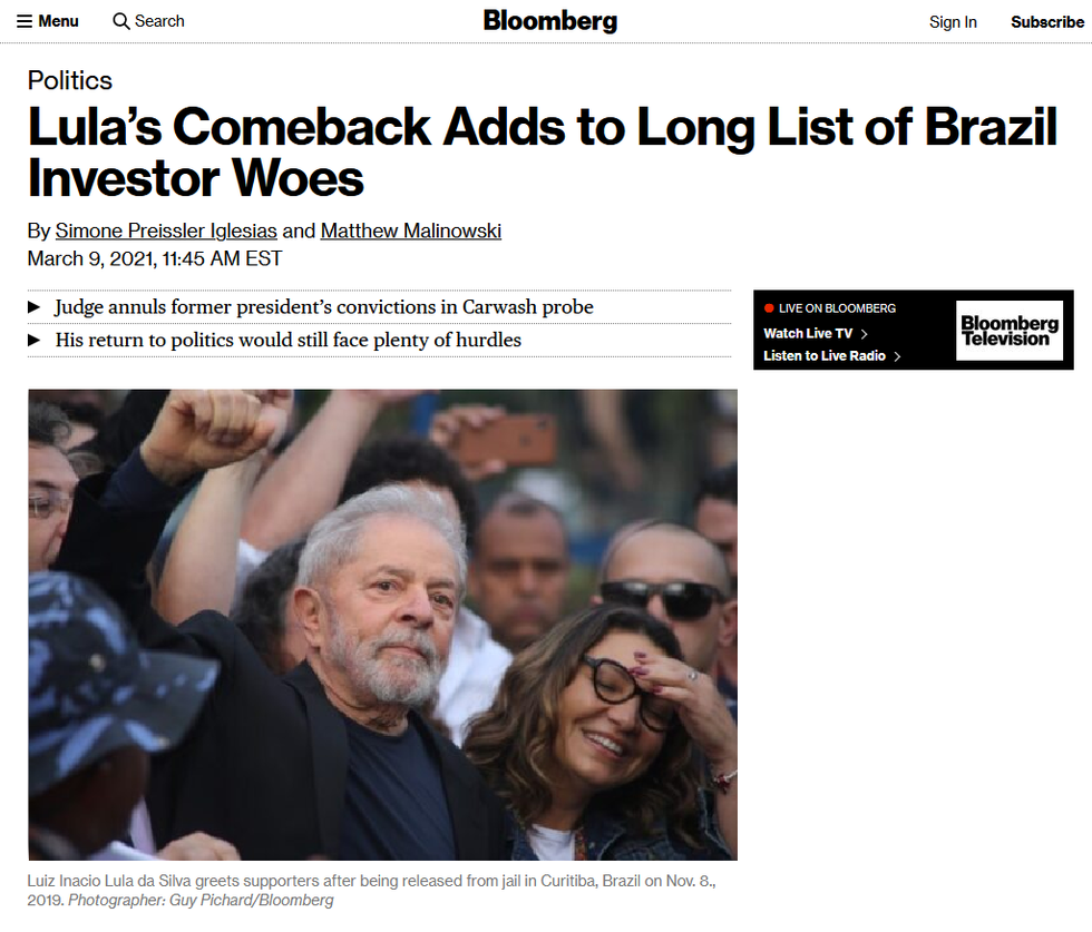 Bloomberg: Lula's Comeback Adds to Long List of Brazil Investor Woes