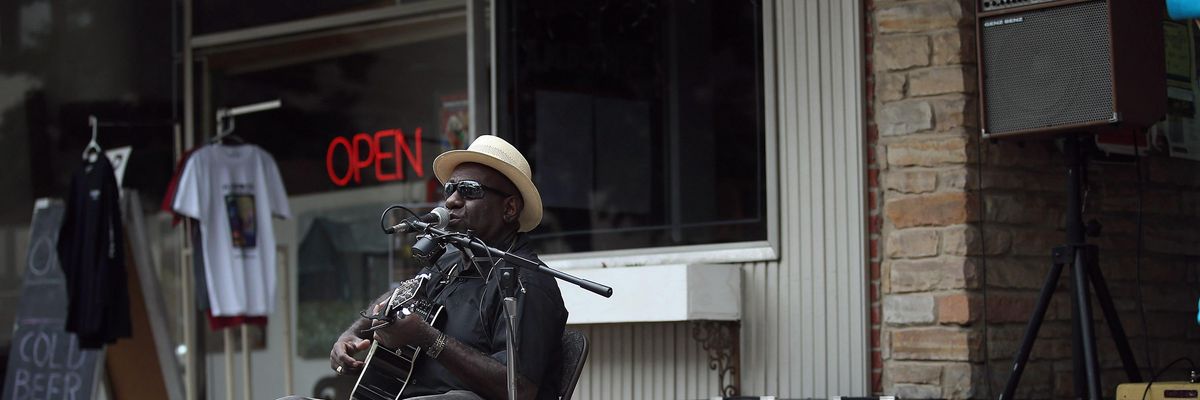 Blues artist Richard Pryor performs outside the Rock & Blues Museum on April 14, 2013 in Clarksdale, Mississippi.