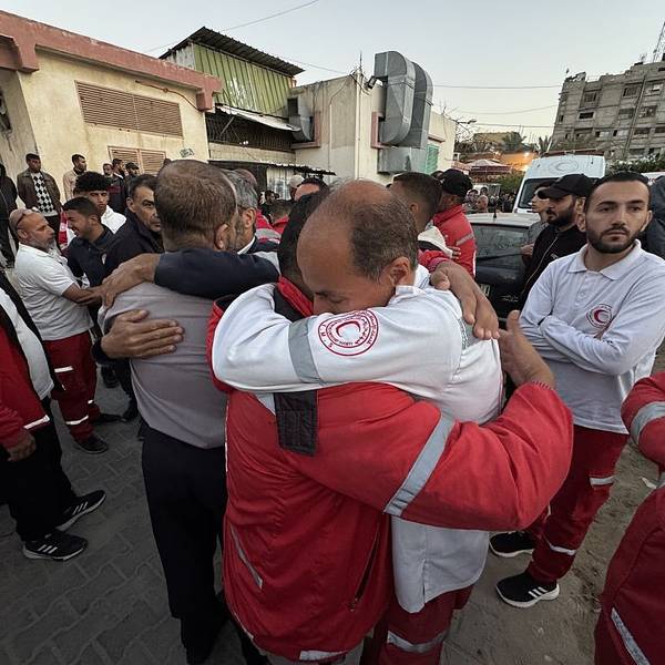 Bodies of civil defense members killed by Israel in Gaza brought to Nasser Hospital