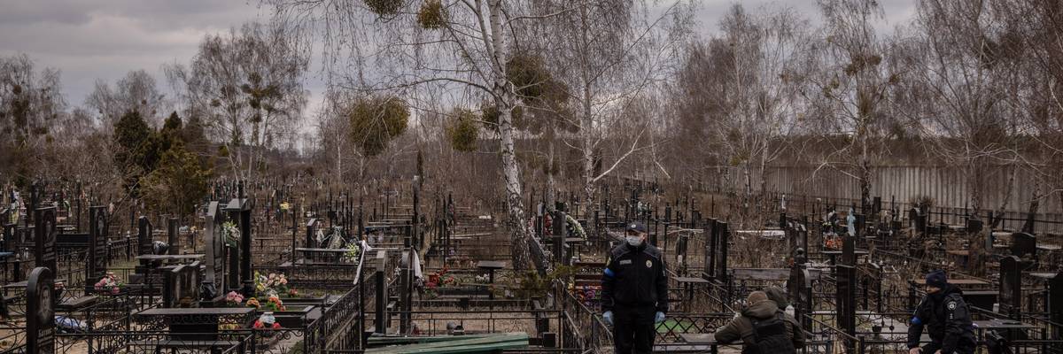 Body bags in Bucha, Ukraine