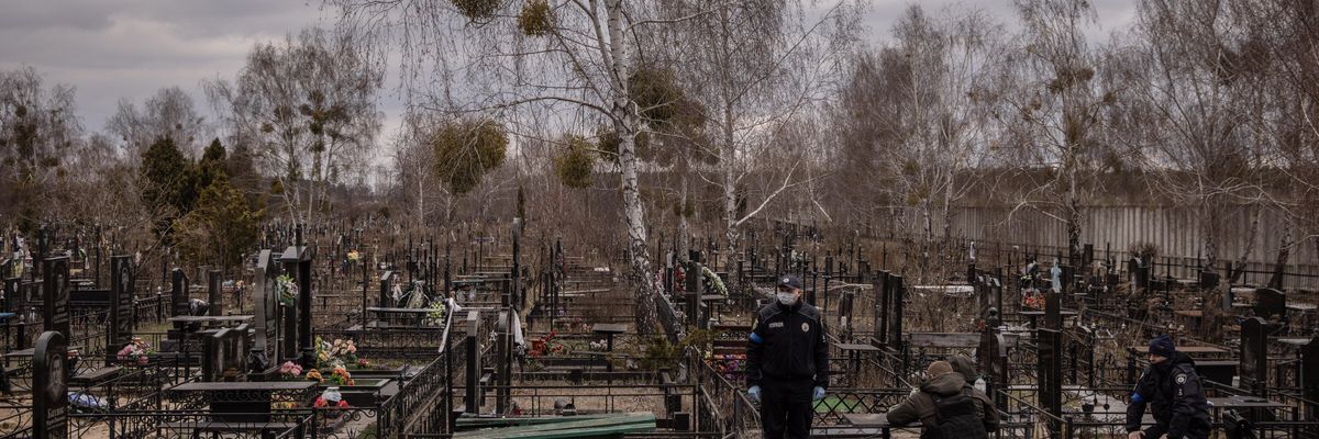 Body bags in Bucha, Ukraine