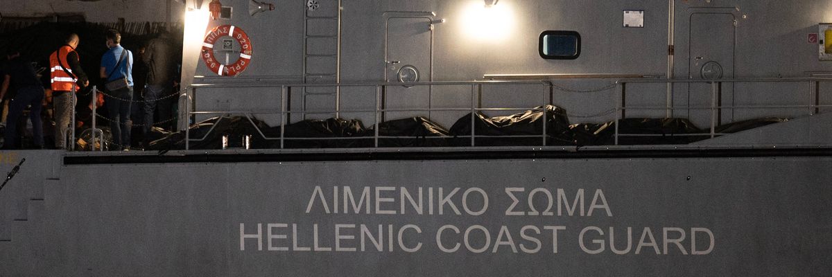 Body bags pictured on a Greek coast guard vessel after migrant shipwreck