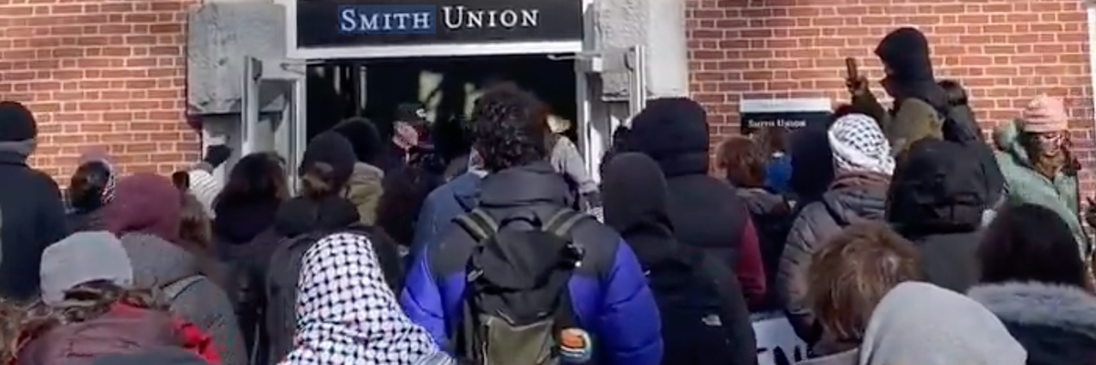 Bowdoin students try to gain entry to Smith Union, where a pro-Palestine encampment has been set up