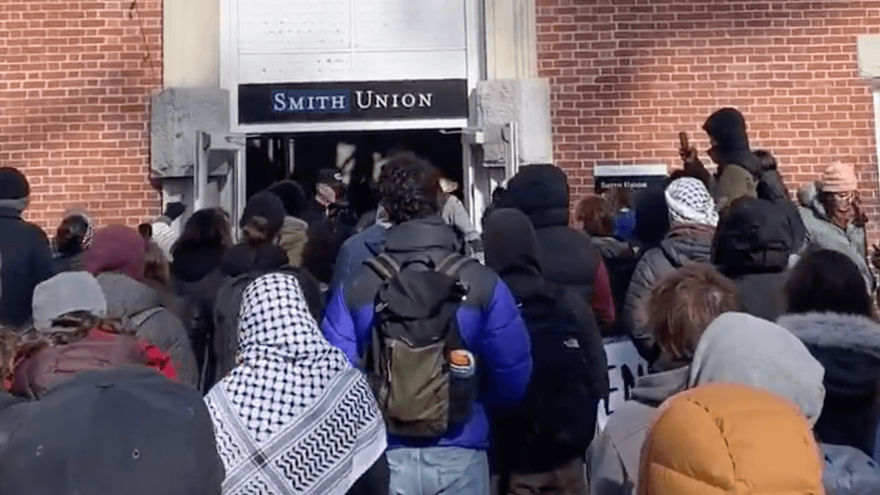 Bowdoin students try to gain entry to Smith Union, where a pro-Palestine encampment has been set up