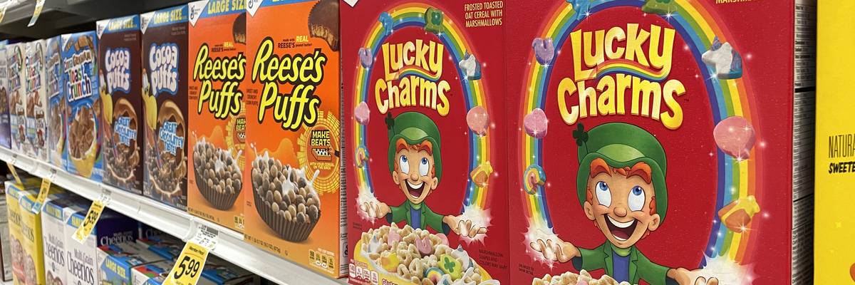 Boxes of General Mills' Lucky Charms cereal are displayed on a shelf at a Safeway store on April 18, 2022 in San Anselmo, California. 