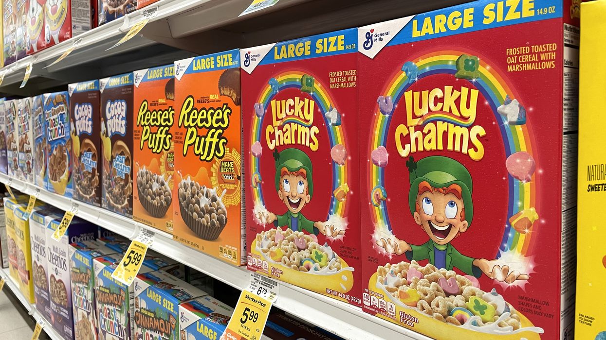 Boxes of General Mills' Lucky Charms cereal are displayed on a shelf at a Safeway store on April 18, 2022 in San Anselmo, California. 