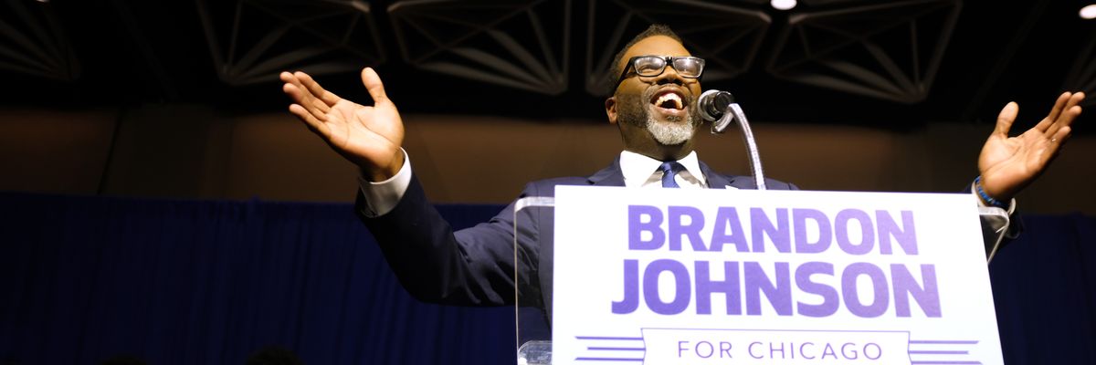 Brandon Johnson speaks after being projected winner of the Chicago mayoral runoff