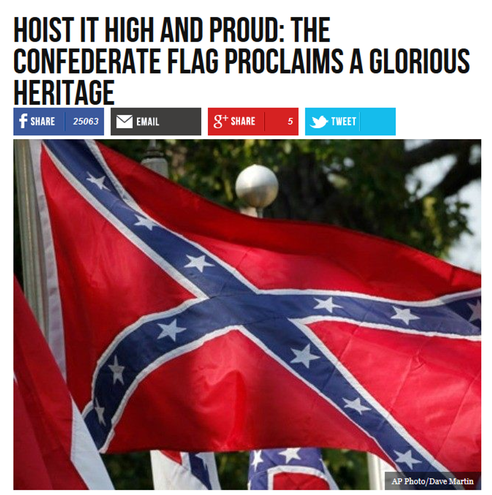 Breitbart (7/1/15) ran this celebration of the Confederate flag just two weeks after Confederacy fan Dylann Roof murdered nine Charleston churchgoers in an attempt to start a race war.