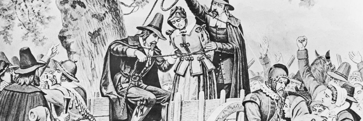 Bridget Bishop being hanged for witchcraft in the 1600s.