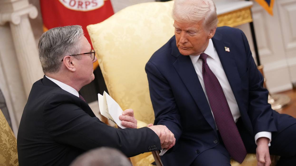 British Prime Minister Keir Starmer shakes hands with U.S. President Donald Trump