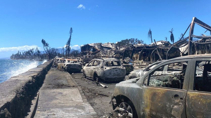Burned cars and destroyed buildings in Maui