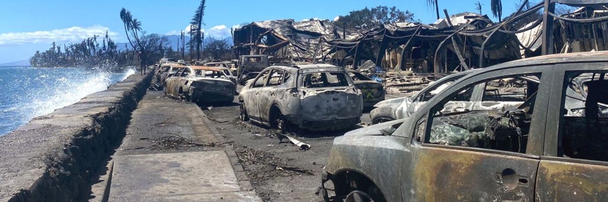 Burned cars and destroyed buildings in Maui