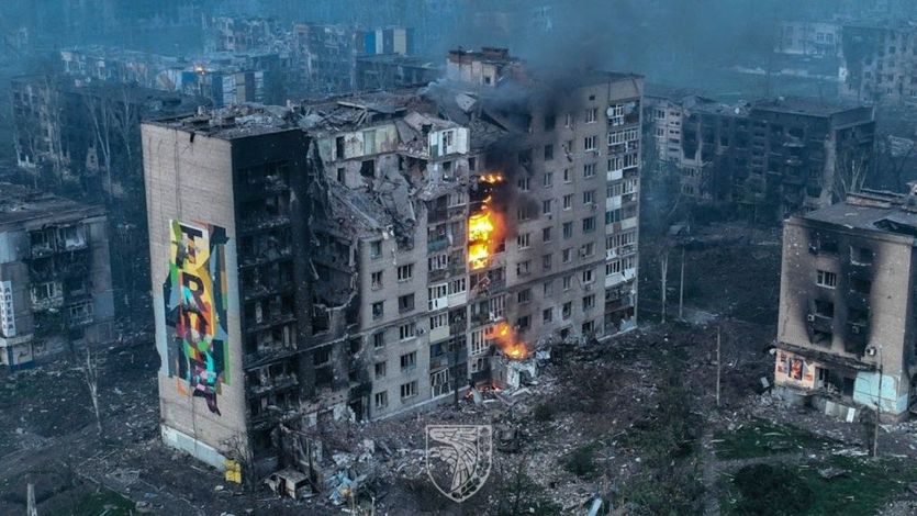 Burning apartment building in Bakhmut, Ukraine