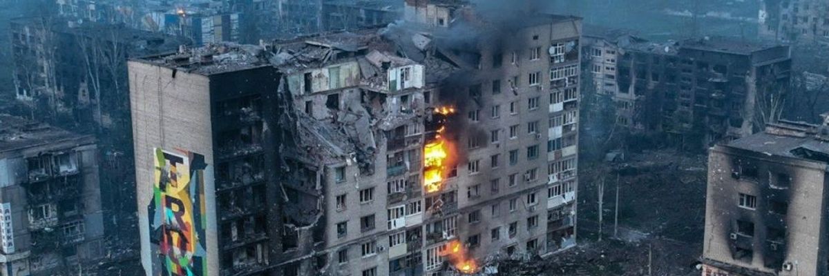 Burning apartment building in Bakhmut, Ukraine