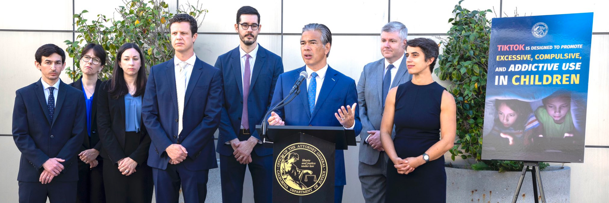 California Attorney General Rob Bonta speaks while surrounded by other state AGs.