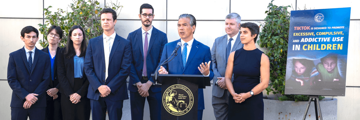 California Attorney General Rob Bonta speaks while surrounded by other state AGs.