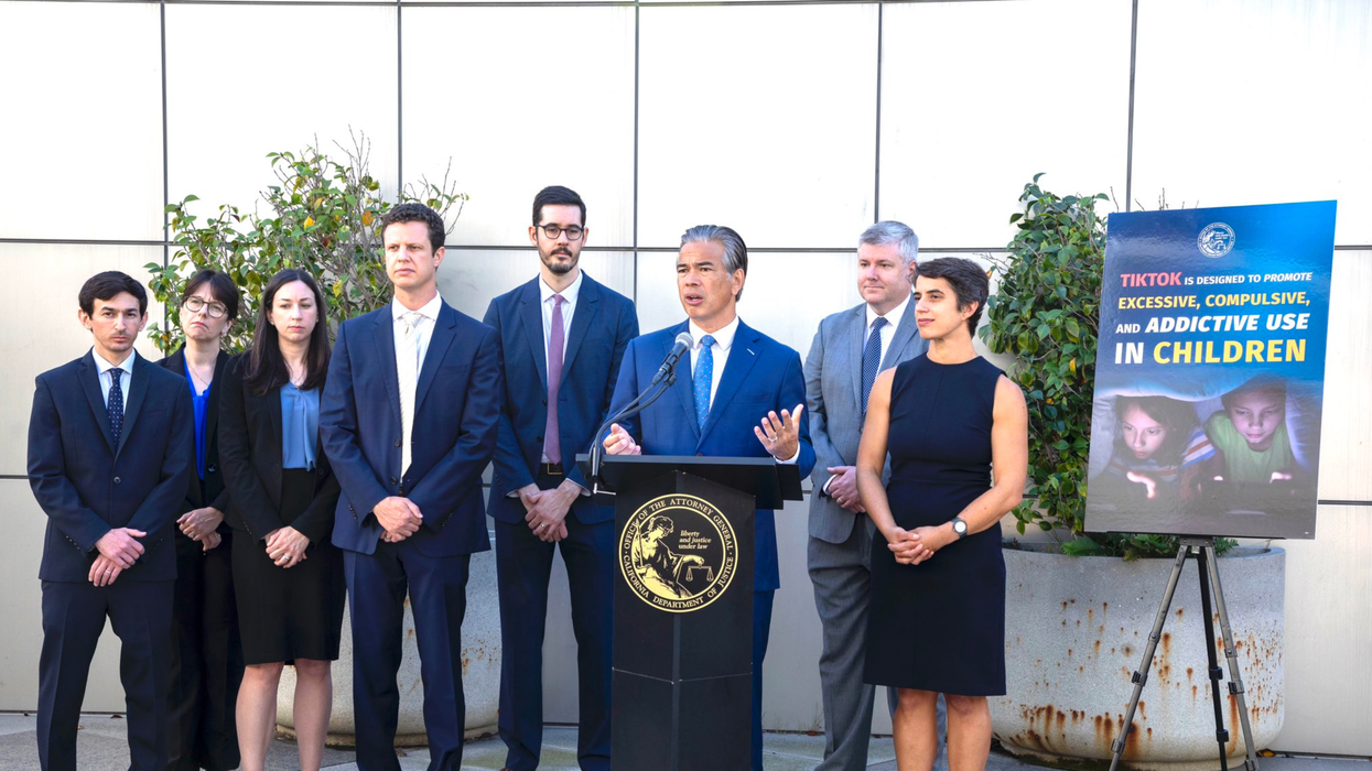 California Attorney General Rob Bonta speaks while surrounded by other state AGs.