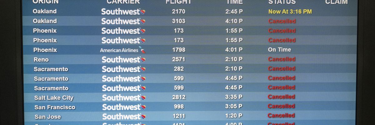 Canceled Southwest Airlines flights show on a monitor at Hollywood Burbank Airport